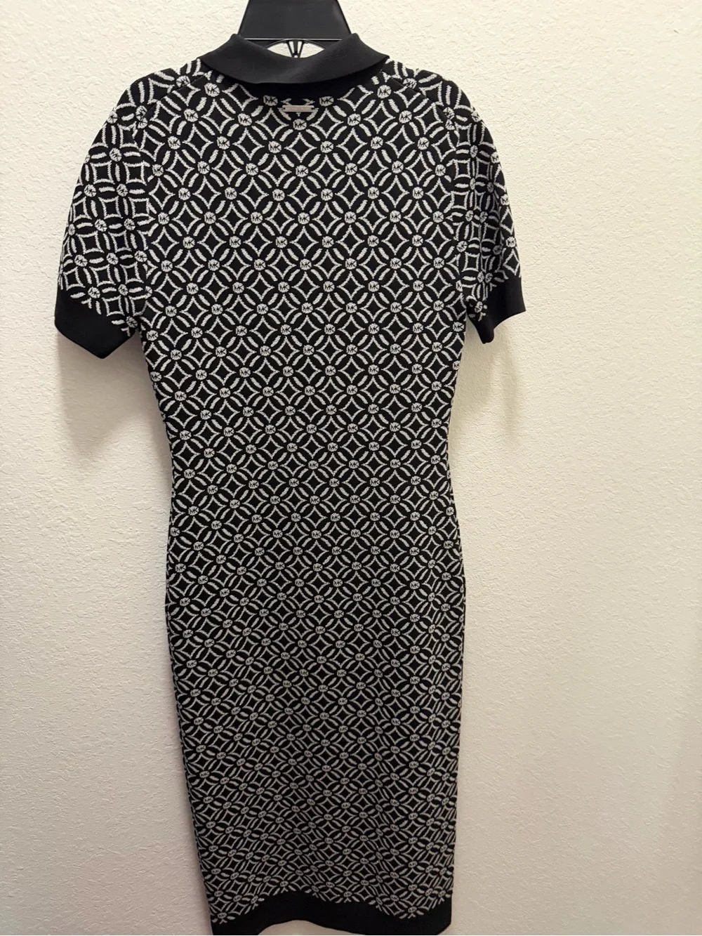 Michael Kors Black & White Geometric Knit Polo Midi Dress with Zip